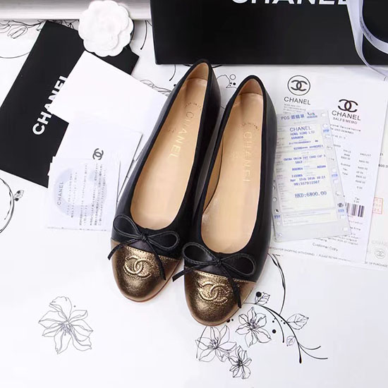 Chanel Black Lambskin Ballet Flats Gold Cap Toe CH1610
