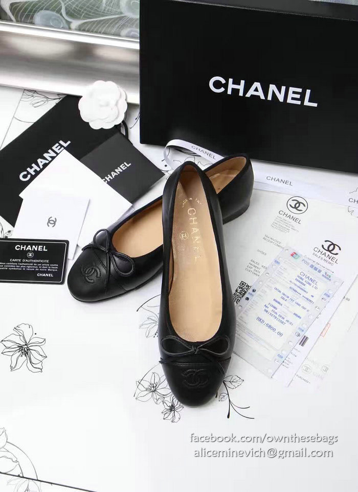 Chanel Tan Lambskin Ballet Flats Black Cap Toe CH1610