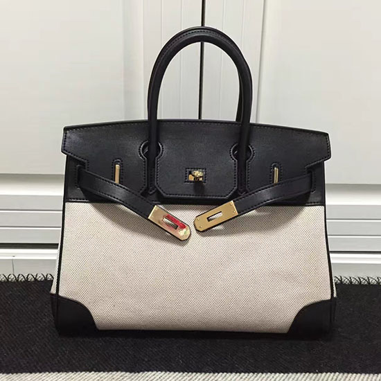 Hermes Birkin 30 Tote Bag in White and Black Canvas HC1220