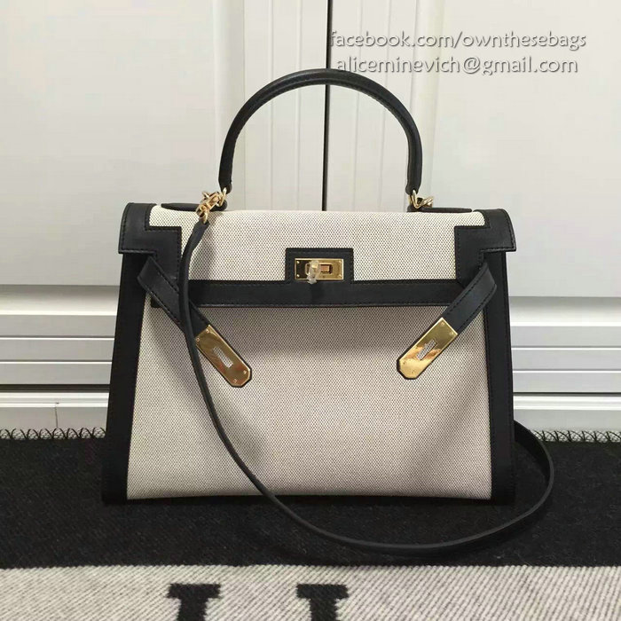 Hermes Kelly 32 Tote Bag in White and Black Canvas HC1210