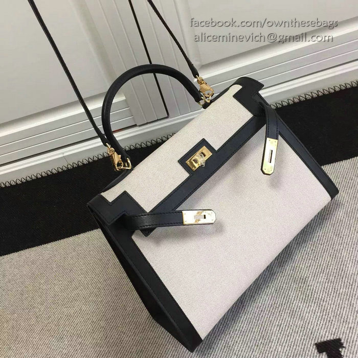 Hermes Kelly 32 Tote Bag in White and Black Canvas HC1210