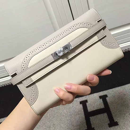 Hermes Kelly Clutch Bag in Off-white and Grey Swift Leather HK1210