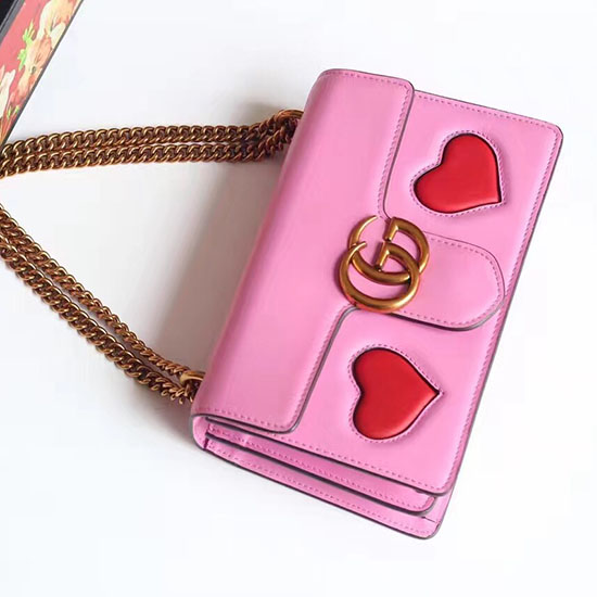 Gucci GG Marmont Leather Shoulder Bag Pink with Red Hearts 431777