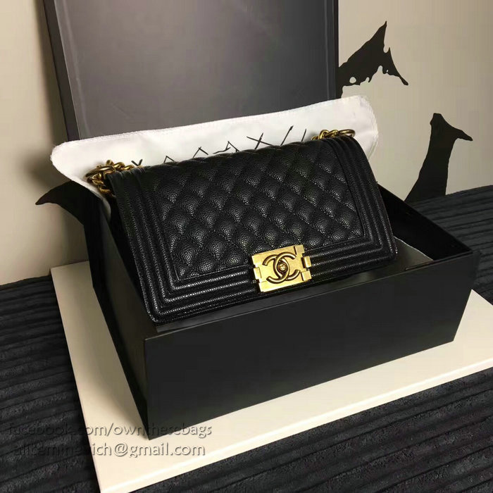 Chanel Medium Quilted Caviar Boy Bag Black Gold A13043