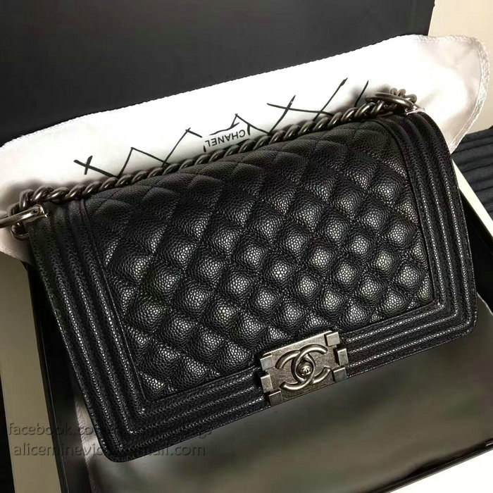 Chanel Medium Quilted Caviar Boy Bag Black Silver A13043