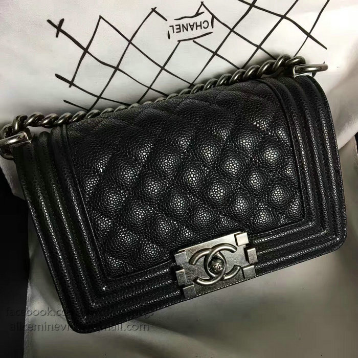Chanel Small Quilted Caviar Boy Bag Black Silver A13043