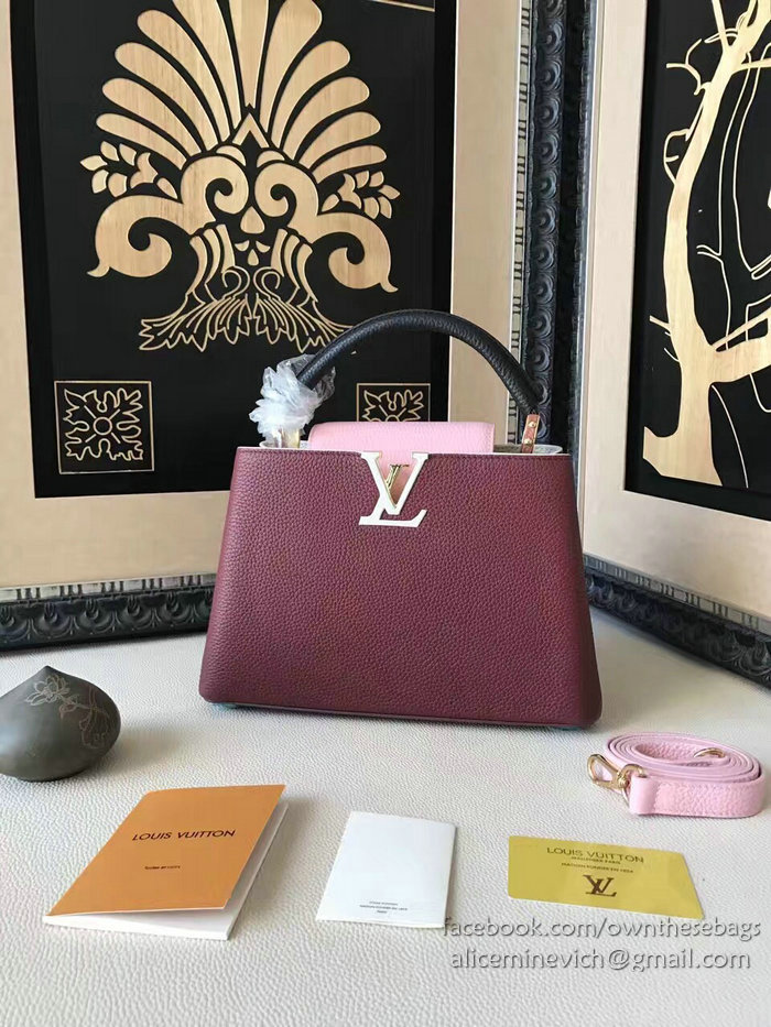 Louis Vuitton Taurillon Leather Capucines PM Burgundy and Pink M42237