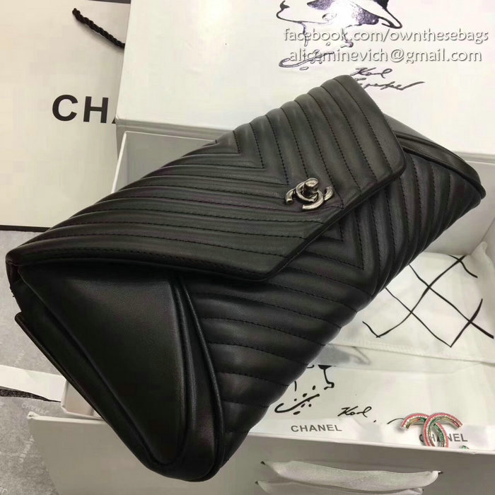 Chanel Chevron Lambskin Clutch Bag Black with Silver Hardware A90902