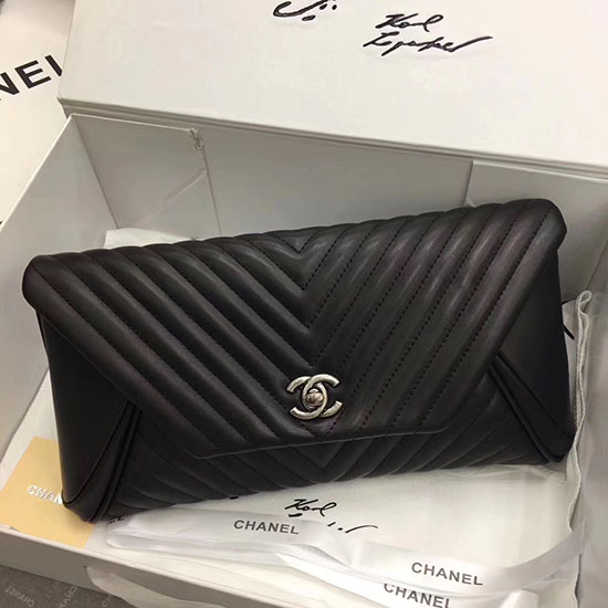 Chanel Chevron Lambskin Clutch Bag Black with Silver Hardware A90902