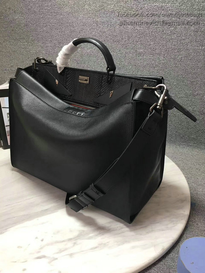 Fendi Regular Peekaboo Handbag with Bag Bugs Pattern Black 7VA388
