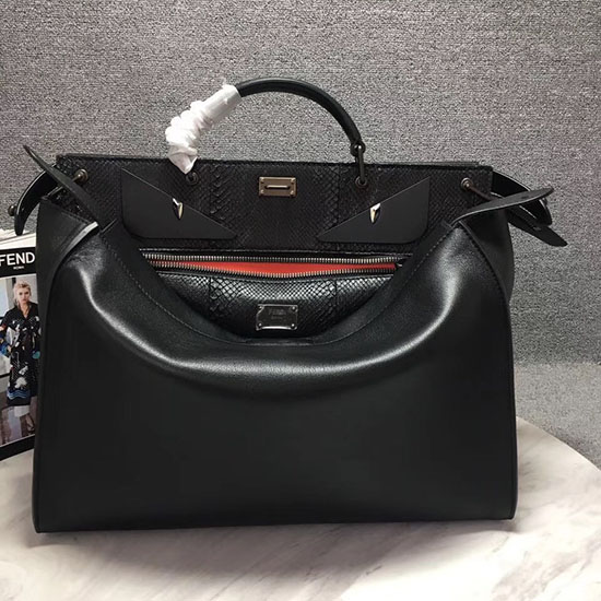 Fendi Regular Peekaboo Handbag with Bag Bugs Pattern Black 7VA388