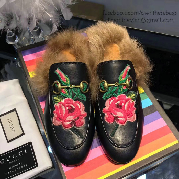 Gucci Flower Princetown Leather Slipper Black 462723