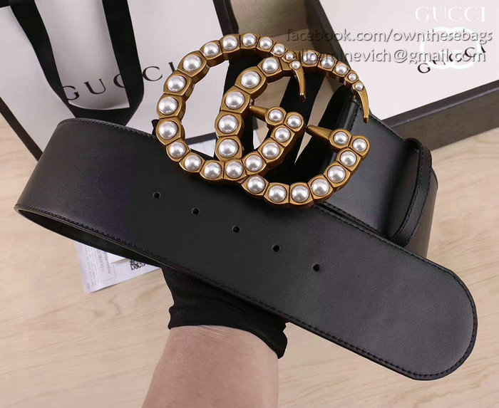 Gucci Wide leather belt with pearl Double G 453261