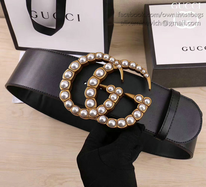 gucci wide leather belt with pearl double g