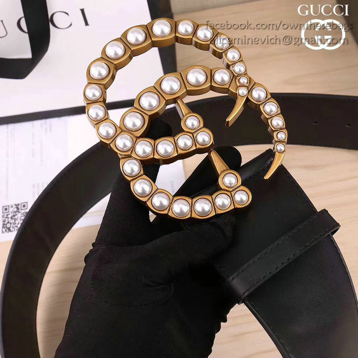 Gucci Wide leather belt with pearl Double G 453261