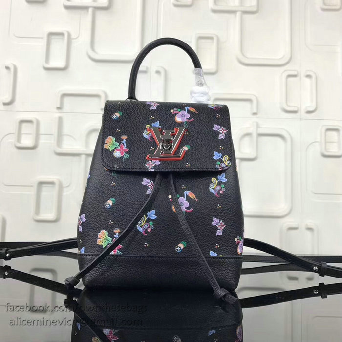 Louis Vuitton Soft Calfskin Lockme Backpack Mini Black with Flower M54573