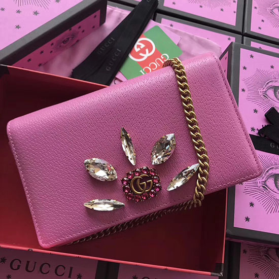 Gucci Leather mini chain bag with Double G and crystals Pink 499782