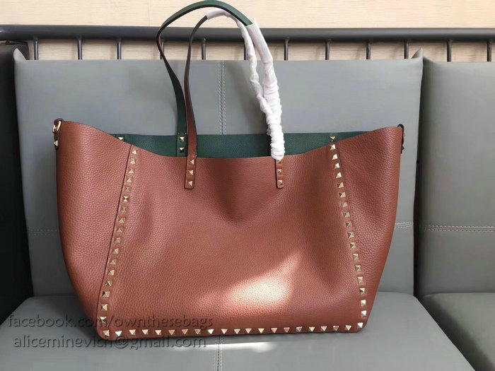 Valentino Guitar Rockstud Rolling Double Reversible Tote Brown & Green V0501