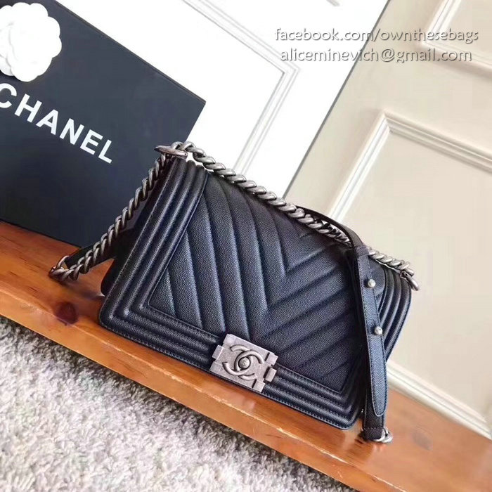 Chanel Grained Calfskin Chevron Medium Boy Bag Black A92058