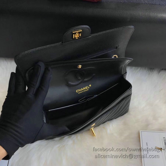 Classic Chanel Chevron Flap Shoulder Bag Black CF1112