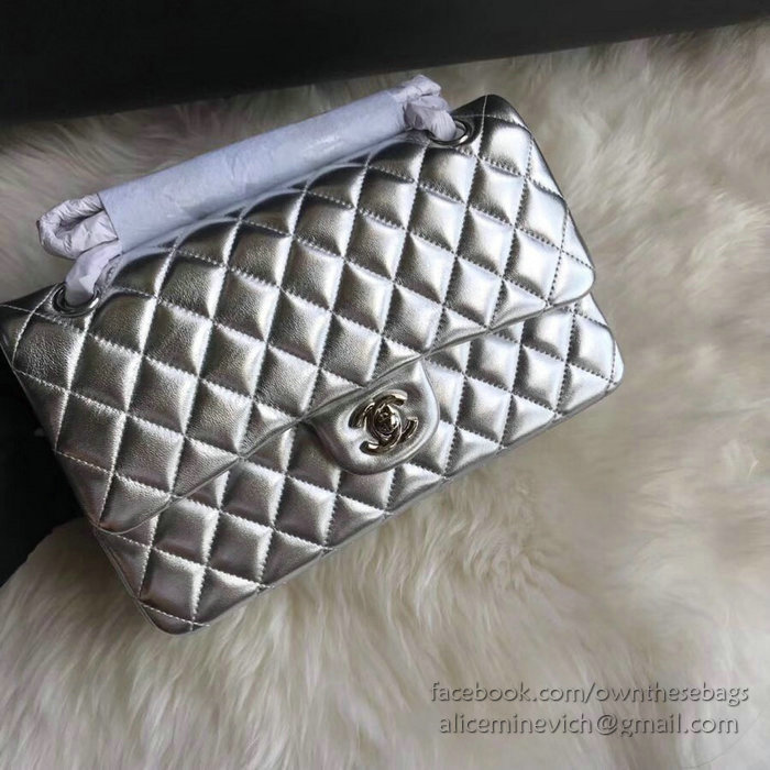 Classic Chanel Lambskin Flap Shoulder Bag Silver CF1112