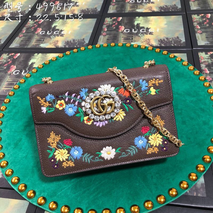 Gucci Embroidered Small Shoulder Bag Brown 499617