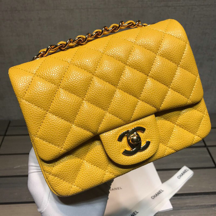 Classic Chanel Caviar Leather Mini Flap Bag Yellow with Gold Hardware CF1115