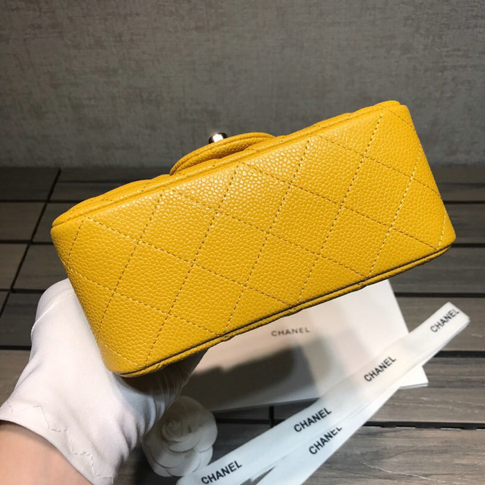 Classic Chanel Caviar Leather Mini Flap Bag Yellow with Silver Hardware CF1115