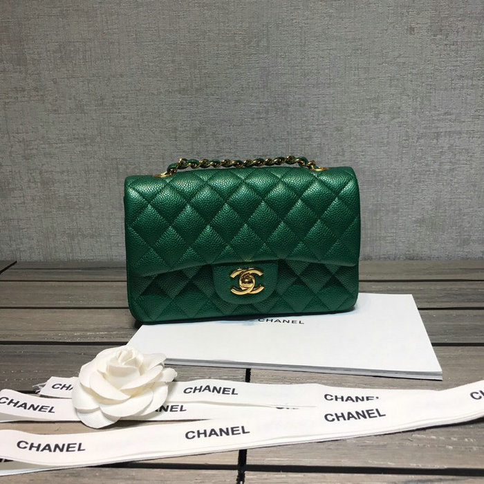 Classic Chanel Caviar Leather Small Flap Bag Green with Gold Hardware CF1116