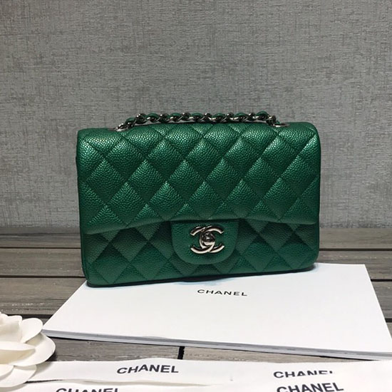 Classic Chanel Caviar Leather Small Flap Bag Green with Silver Hardware CF1116