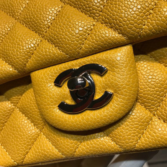 Classic Chanel Caviar Leather Small Flap Bag Yellow with Silver Hardware CF1116