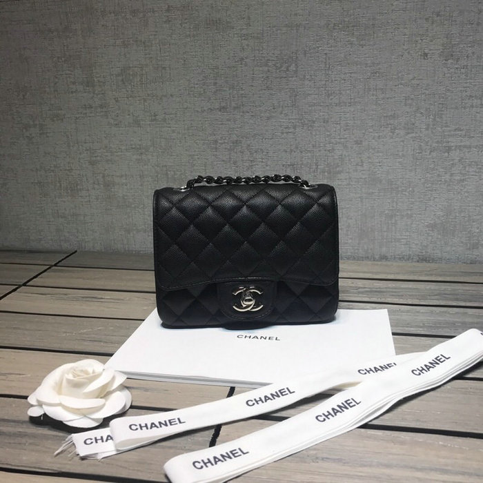 Classic Chanel Grained Calfskin Mini Bag Black with Silver Hardware CF1115