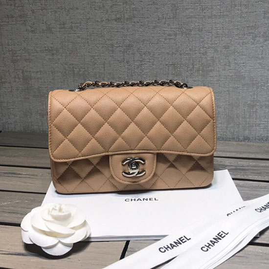 Classic Chanel Grained Calfskin Small Flap Bag Beige with Silver Hardware CF1116