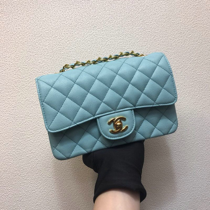 Classic Chanel Grained Calfskin Small Flap Bag Blue with Gold Hardware CF1116