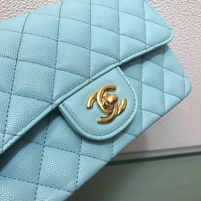 Classic Chanel Grained Calfskin Small Flap Bag Blue with Gold Hardware CF1116