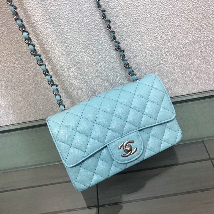 Classic Chanel Grained Calfskin Small Flap Bag Blue with Silver Hardware CF1116