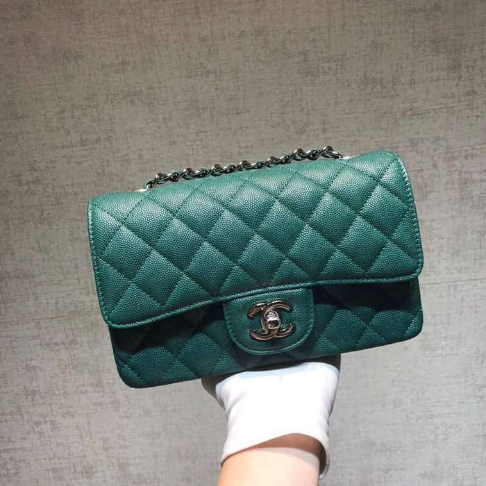 Classic Chanel Grained Calfskin Small Flap Bag Green with Silver Hardware CF1116