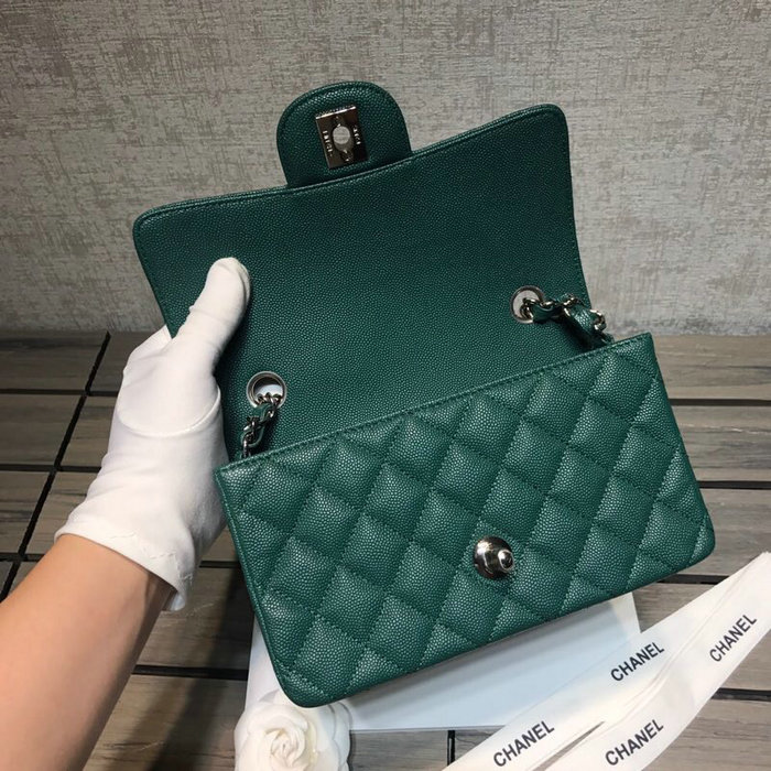 Classic Chanel Grained Calfskin Small Flap Bag Green with Silver Hardware CF1116