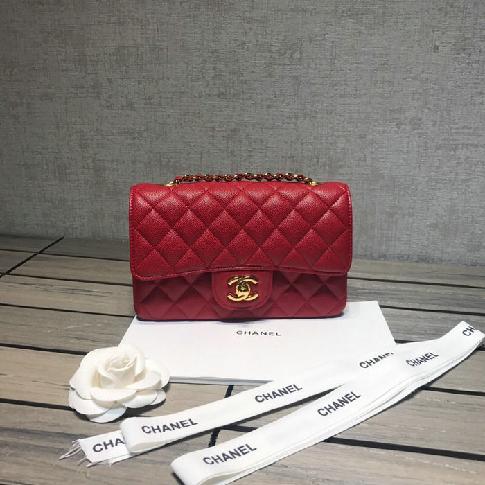 Classic Chanel Grained Calfskin Small Flap Bag Red with Gold Hardware CF1116