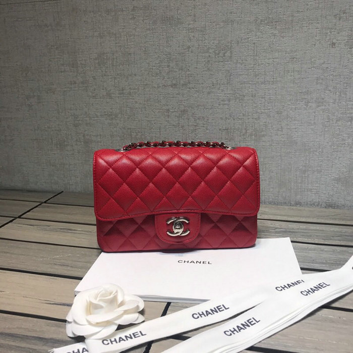 Classic Chanel Grained Calfskin Small Flap Bag Red with Silver Hardware CF1116