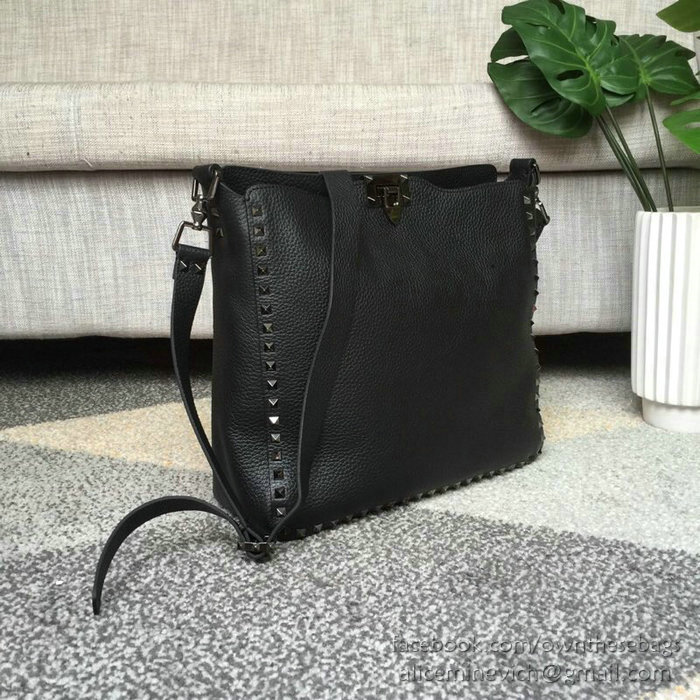 Valentino Soft Calfskin Hobo Bag Black with Black Spikes V50031