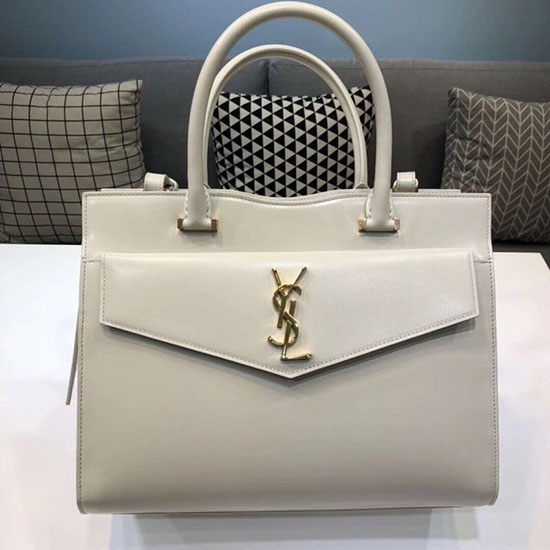 Saint Laurent Medium Uptown Tote in White Shiny Smooth Leather 557653