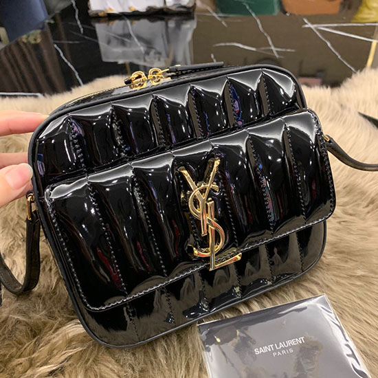 Saint Laurent Vicky Camera Bag in Black Matelasse Patent Leather 555052