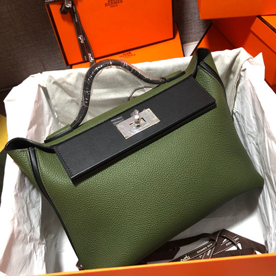 Hermes Kelly 24/24 Togo Leather Bag Green and Black H06131