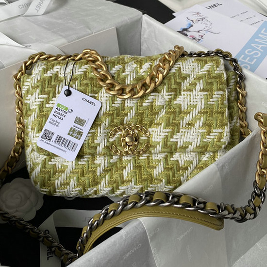 Chanel 19 Tweed Flap Handbag Green AS1160