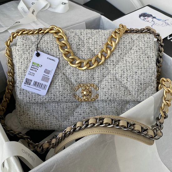 Chanel 19 Tweed Large Flap Handbag Beige AS1161