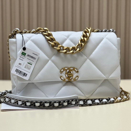 Chanel 19 Lambskin Large Flap Bag White with Gold AS1161