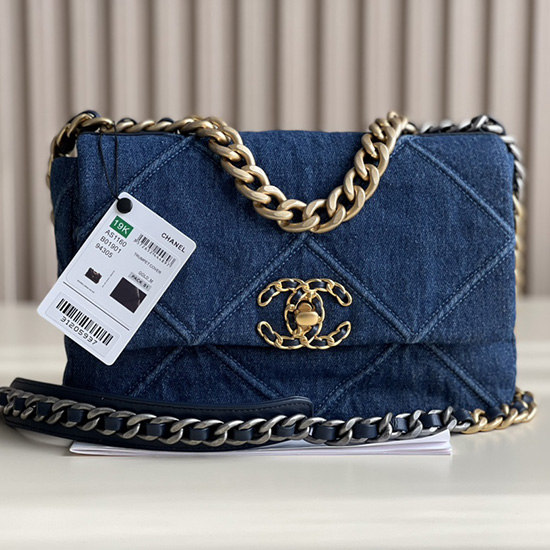 Chanel 19 Lambskin Denim Handbag Dark Blue with Gold AS1160