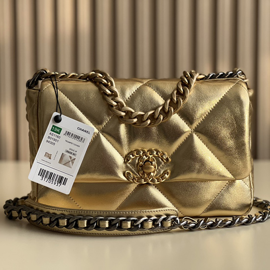Chanel 19 Lambskin Flap Handbag Gold AS1160