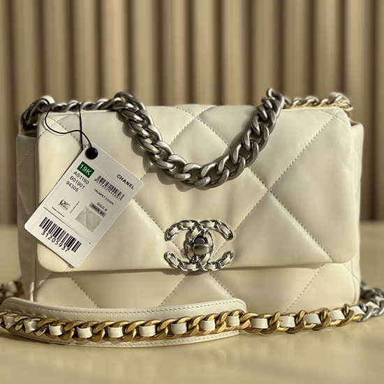 Chanel 19 Lambskin Flap Handbag Off-White Silver AS1160